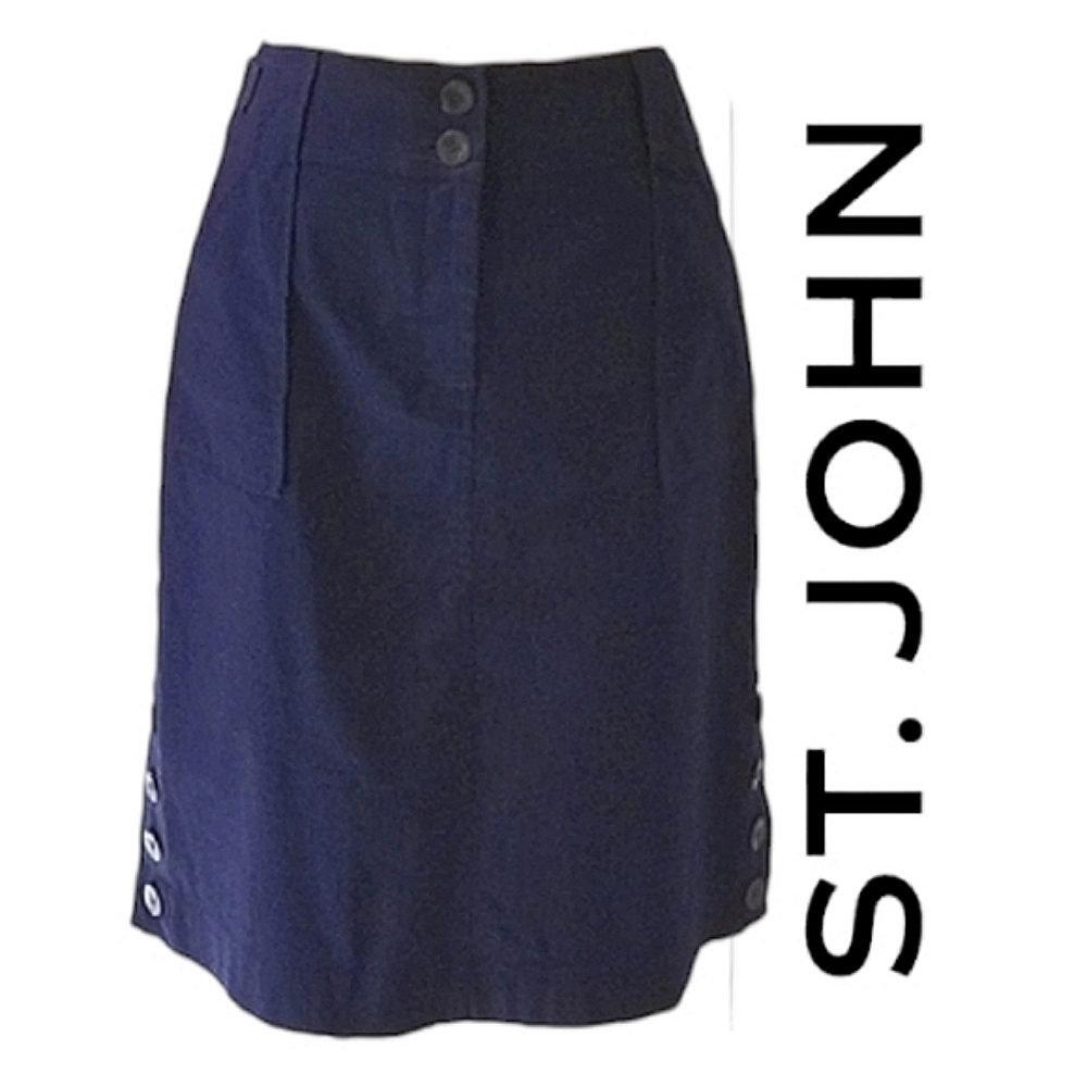 St. John 2012 Resort Collection 100% Cotton Navy Blue Side Button Skirt Sz 4